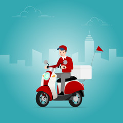 The delivery man who wear a cap riding a scooter, motorcycle, to send the goods from the shipping company to deliver to the customers quickly and accurately.