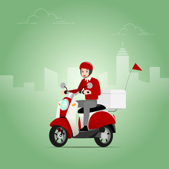 The delivery man who wear a helmet riding a scooter, motorcycle, to send the goods from the shipping company to deliver to the customers quickly and accurately.