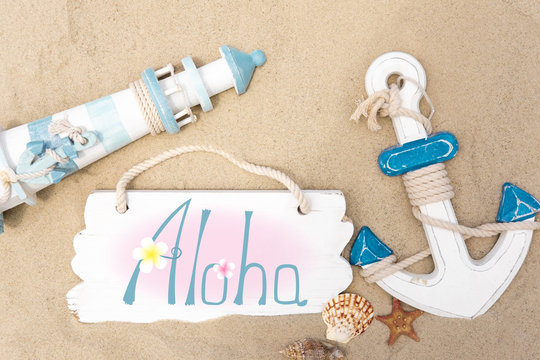 Aloha. Travel banner template. Photos of the lighthouse, anchors, seashells and blackboard for the inscription. Tourist, sea background