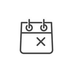 Calendar with Cross Mark Linear Icon. Completed Task, Time to Deadline Concept Contour Pictograph. Vector Simplicity Label Isolated for Web and App in Outline Style