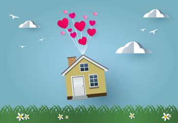Obraz na płótnie Canvas flying House with hearts. Happiness Loving House paper cut