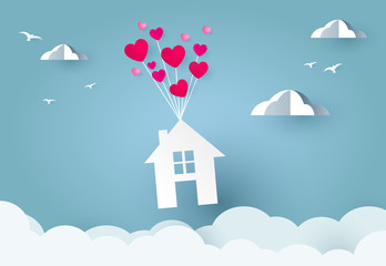 Fototapeta na wymiar flying House with hearts. Happiness Loving House paper cut