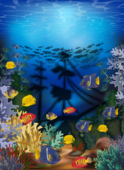 Underwater wallpaper with tropical fish and sunken ship, vector illustration