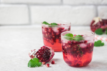 Pomegranate kombucha mimosa. Selective focus, space for text.