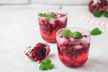 Pomegranate kombucha mimosa. Selective focus, space for text.