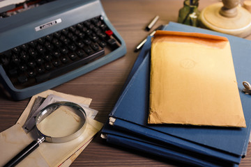 Investigator desk with confidential documents, magnifying glass, vintage typewriter. Secret...