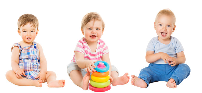 Baby Kids Sitting on White, Beautiful Toddler Children with Toy, one year old