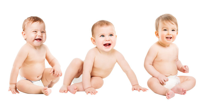 Babies group in Diapers, Happy Infant Kids Boys, Toddlers Children Sitting on White Background