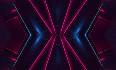 Dark abstract futuristic background. Neon lines and shapes. Neon glow and rays on a dark background