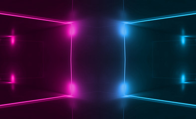 Dark abstract futuristic background. Neon lines and shapes. Neon glow and rays on a dark background