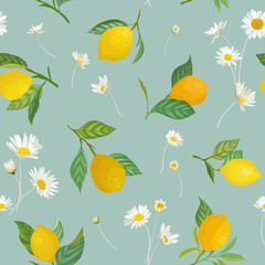 Seamless Lemon pattern with tropic fruits, leaves, daisy flowers background. Hand drawn vector illustration in watercolor style for summer romantic cover, tropical wallpaper, vintage texture
