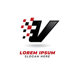 Letter V with Race flag icon symbol design