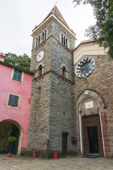 The Madonna di Soviore Sanctuary (Santuario di Nostra Signora di Soviore) in Monterosso al Mare, Cinque Terre National Park, one of the oldest in Italy. Medieval bell and clock tower.