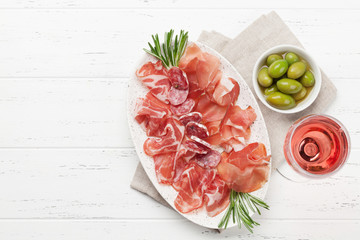 Spanish jamon, prosciutto crudo ham, italian salami