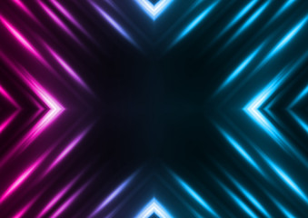 Dark abstract futuristic background. Neon lines and shapes. Neon glow and rays on a dark background