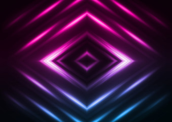 Dark abstract futuristic background. Neon lines and shapes. Neon glow and rays on a dark background
