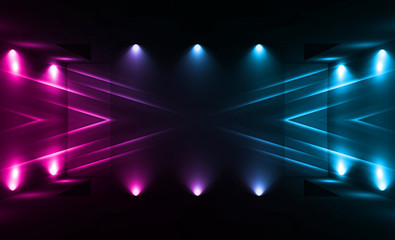 Dark abstract futuristic background. Neon lines and shapes. Neon glow and rays on a dark background