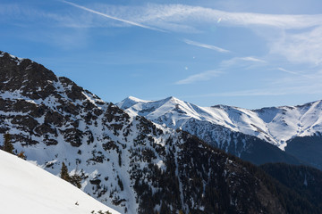 winter landscape with the mountain peaks covered by heavy snow. aerial view by drone. romanian mountains, Negoiu peak, Fagaras Mountains