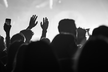hands to the skies of people dancing and having fun at the live music concert