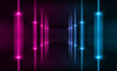 Dark abstract futuristic background. Neon lines and shapes. Neon glow and rays on a dark background