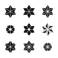 Set of six-pointed stars,patterns and logos. Black and white vector illustration.