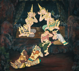 Bangkok, Thailand - May 12, 2019: The Ramakian (Ramayana) mural paintings along the galleries of the Temple of the Emerald Buddha, grand palace or wat phra kaew Bangkok Thailand © Weerayuth