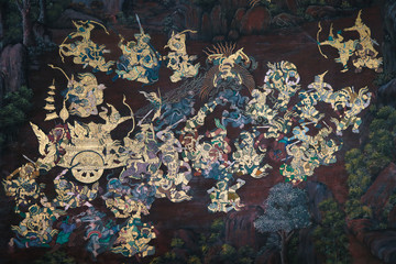 Bangkok, Thailand - May 12, 2019: The Ramakian (Ramayana) mural paintings along the galleries of...
