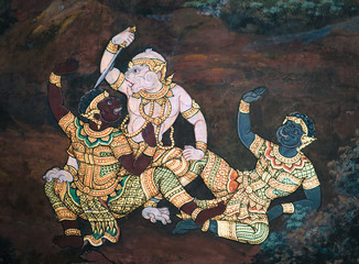 Bangkok, Thailand - May 12, 2019: The Ramakian (Ramayana) mural paintings along the galleries of...