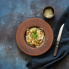 Italian pasta with mussels and parmesan