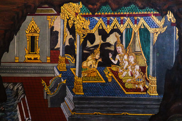 Bangkok, Thailand - May 12, 2019: The Ramakian (Ramayana) mural paintings along the galleries of the Temple of the Emerald Buddha, grand palace or wat phra kaew Bangkok Thailand