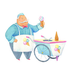 Ice cream seller with a cart. watercolor illustration.
