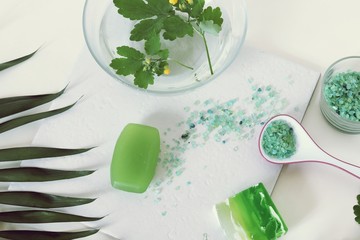  Sea salt, soap, water, healing herbs on the table, green ingredients for scrub, masks, seasonal spa treatments