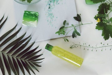 Sea salt, soap, water, healing herbs on the table, green ingredients for scrub, masks, seasonal spa...