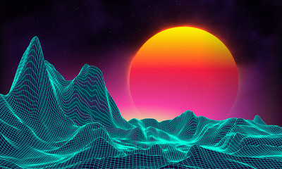 Retro background futuristic landscape 1980s style. Digital retro landscape cyber surface. Retro music album cover template sun, space, mountains . 80s Retro Sci-Fi Background Summer Landscape.
