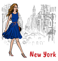 Young woman in New York, USA. Fashion illustration