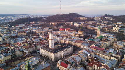 Top view from of the city hall on houses in Lviv, Ukraine. Lviv old town from above. © dianagrytsku