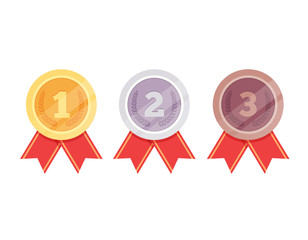 Three medals, golden first place, silver second place, bronze third place isolated on white background. Vector flat cartoon graphic design illustration