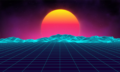 Retro background futuristic landscape 1980s style. Digital retro landscape cyber surface. Retro music album cover template sun, space, mountains . 80s Retro Sci-Fi Background Summer Landscape.