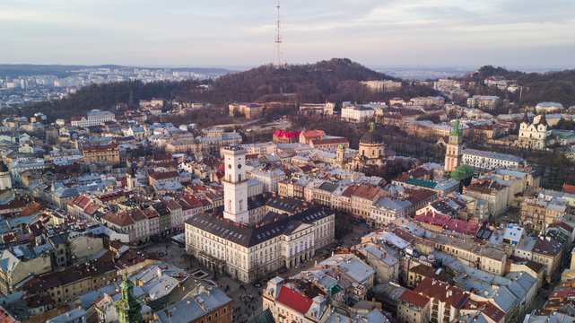 Top view from of the city hall on houses in Lviv, Ukraine. Lviv old town from above.