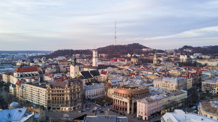 Obraz premium Lviv streets from above. Aerial view to the city historical center of Lviv, Ukraine.