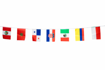 Fototapeta na wymiar Triangle flags of various countries hanging on the rope