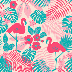 Tropic seamless pattern with flamingo, palms and flowers