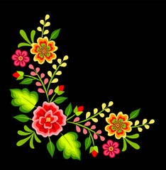 Mexican colorful bright floral corner decoration on black background - 267433282