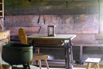 Interior of living room in old traditional rural wooden house