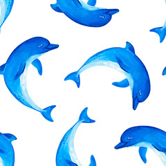 Gouache seamless blue dolphin. Hand-drawn clipart for art work and create design.