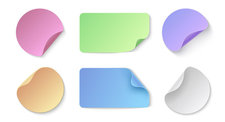 Realistic paper stickers. Round and rectangular colored price tags, memo stickers design template bent closeup. Vector labels with folded corners