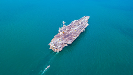 Top View Aircraft Carrier warship battleship In the ocean