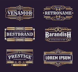 Art deco logos. Geometric hipster ornament frame, vintage line minimal antique border, luxury emblem in retro style. Vector banners engraved badges