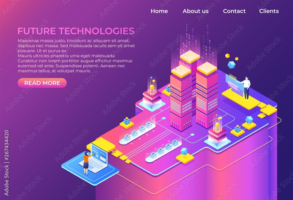 Poster isometric technology concept. business 3d background, modern infographic design, futuristic web page