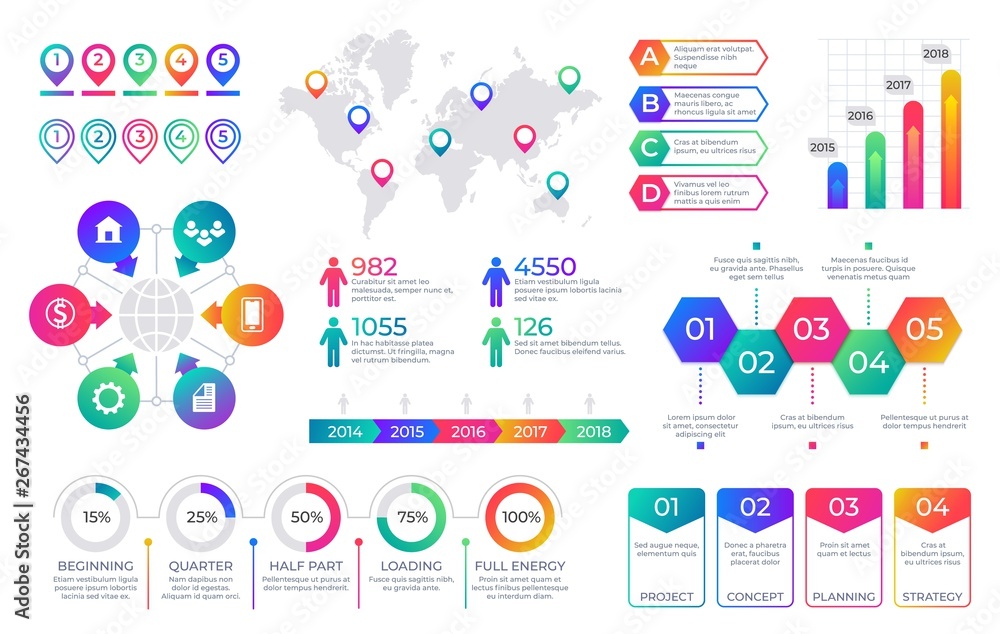 Aufkleber Infographic chart. Timeline graph elements with flow diagrams and percent line bars, business process graph. Vector presentation flowchart set